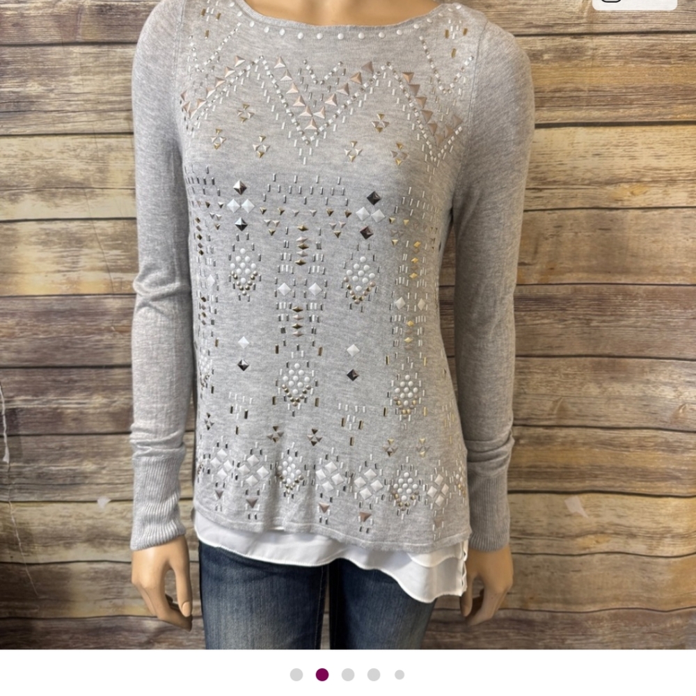 White House Black Market Sweater M Medium Studded Embellished Split Back Gray